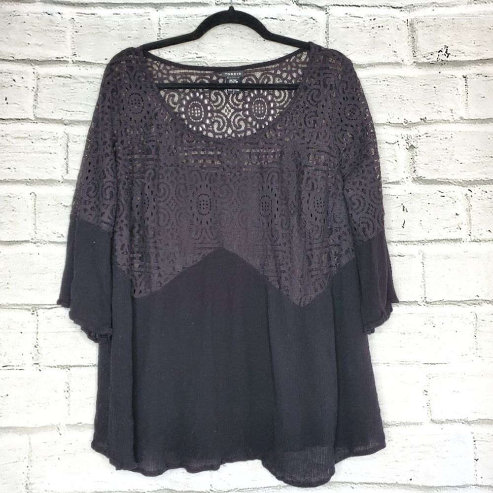 Torrid size 2 black short sleeve lined semi sheer lace top